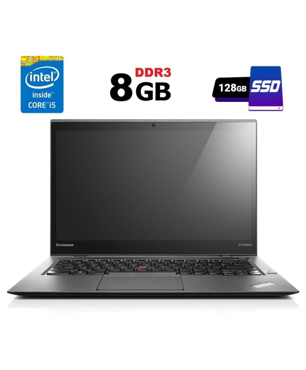 Ультрабук Б-клас Lenovo ThinkPad X1 Carbon (2nd Gen) / 14 (1600x900) TN / Intel Core i5 - 4300U (2 (4) ядра по 1.9-2.9 GHz) / 8 GB DDR3 / 128 GB SSD / Intel HD Graphics 4400 / WebCam / Fingerprint / HDMI / miniDP